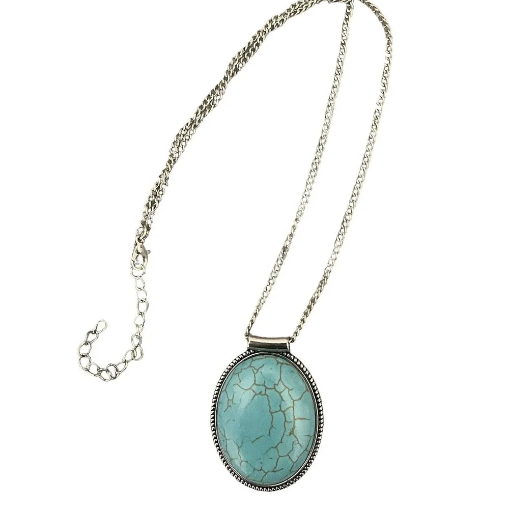 Turquoise Colored Stone Pendant 1.625 in Necklace‎ Silvertone Box Chain 20-22 in